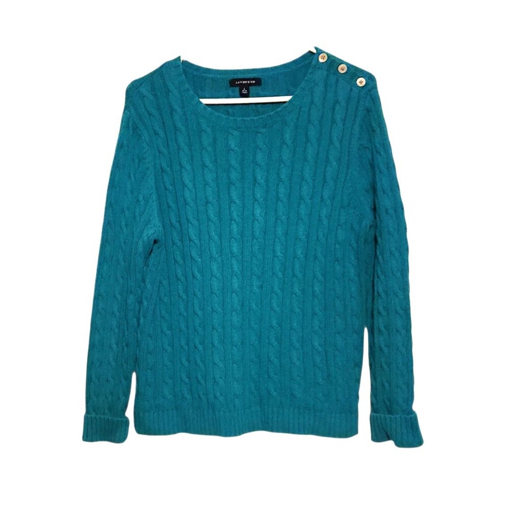 Lands End Cable Knit Sweater Button Shoulder Turquoise Womens Size L 14-16